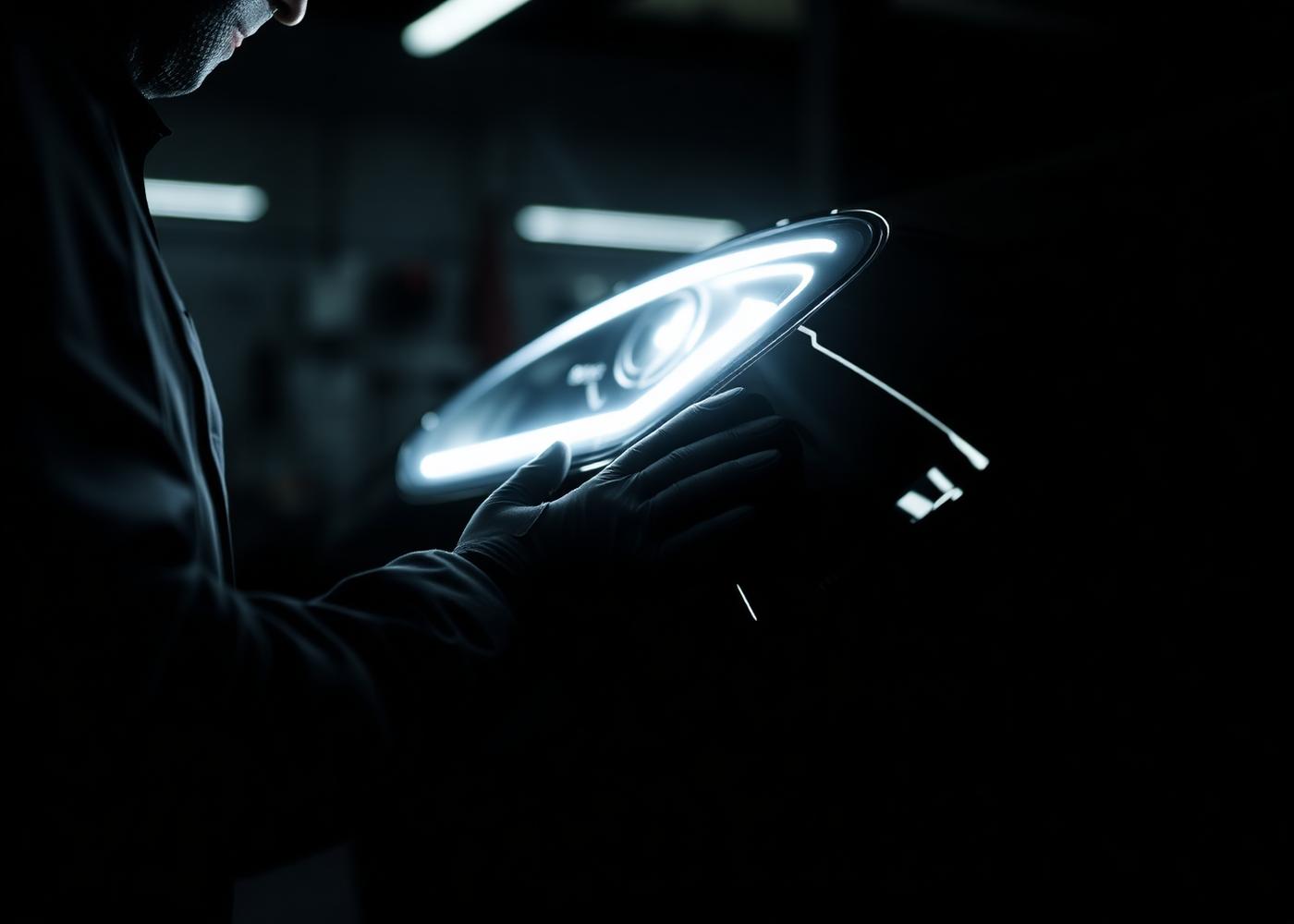 Technician inspecting a premium vehicle under workshop lighting